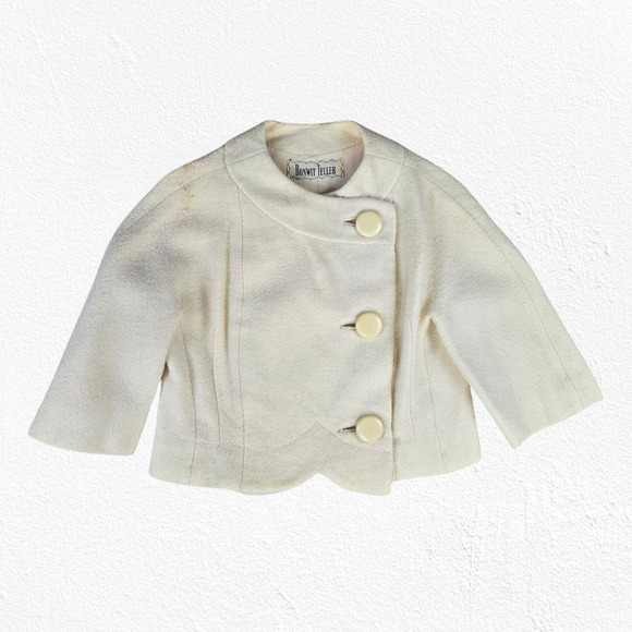 50s Vintage Bonwitt Teller Cream Wool Jackie O Cropped Blazer Skirt Suit Size 4 - Picture 4 of 16